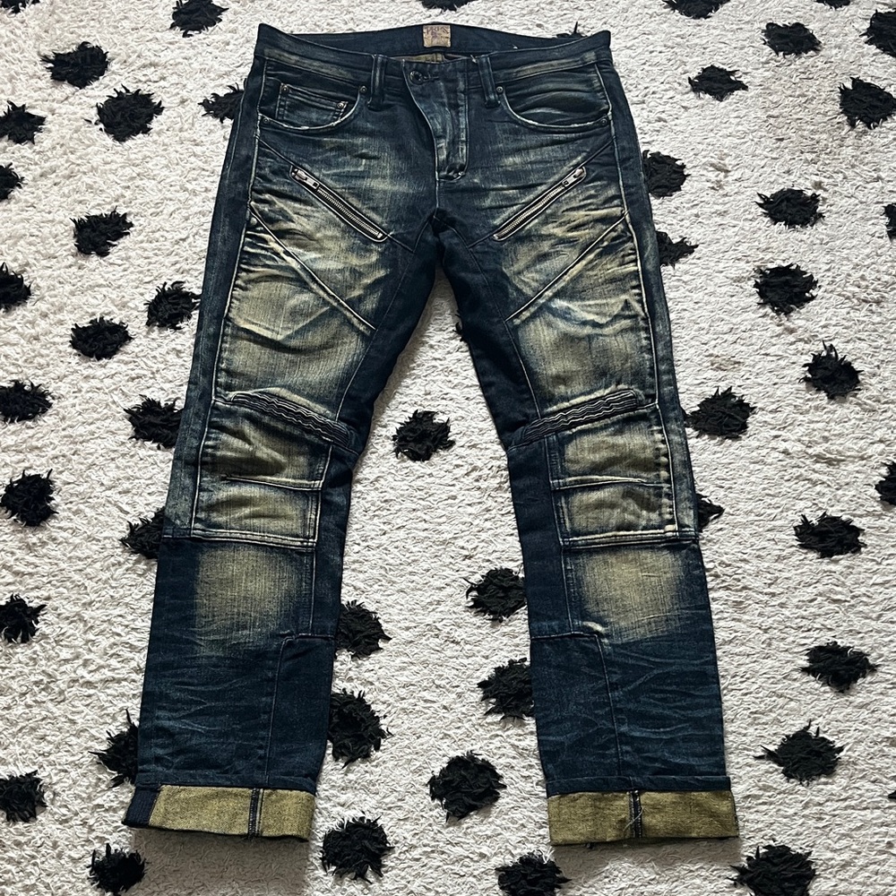 PRPS W30 Men's Dark Blue and Tan Relaxed distressed Jeans